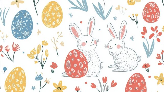 Easter-themed illustration featuring rabbits, colorful eggs, and floral elements - Powered by Adobe