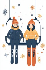 Happy couple riding a ski lift during winter with snow and snowflakes