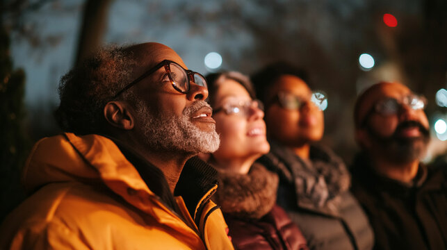 Group of friends enjoying a nighttime event while gazing at the sky in a city setting
