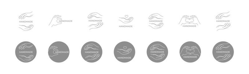 Handmade product vector icon set. Hands in outline and flat style. Handcrafted goods sticker design.