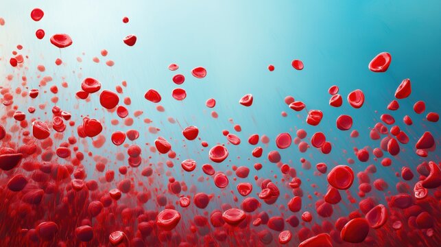 Floating red droplets rising dynamically in fluid motion against blue sky