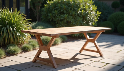 Obraz premium Light Brown Wooden Table on a Paved Patio