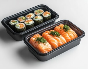 Freshly Prepared Sushi in Black Plastic Containers Featuring Salmon and Cucumber Rolls for Culinary and Food Photography Stock Images
