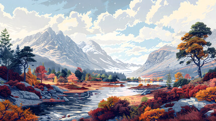 Obraz premium Panoramic Landscape Scene Transitioning from Raster to Vector Graphics Displaying Scalability and Clarity