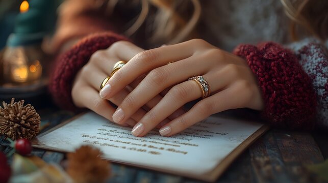 A close-up of intertwined hands resting on a wedding menu, with rings and floral accents