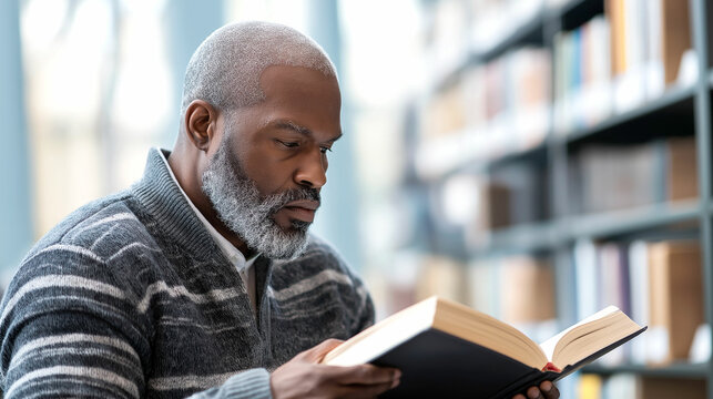 Man reading a book in a quiet library filled with bookshelves in the afternoon