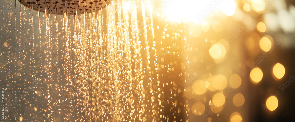 Poster Shower with flowing water illuminated by warm golden sunlight, creating a soft and refreshing atmosphere, with droplets glistening against the light, representing relaxation and freshness.