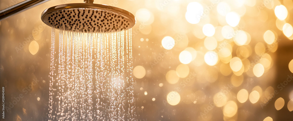 Poster Close-up view of a showerhead with water cascading down in a golden bokeh light, creating a relaxing and refreshing atmosphere, symbolizing comfort and luxury in self-care.
