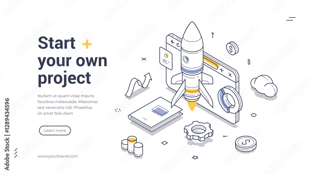 Fototapete start your own project. isometric web banner template features a rocket blasting off from a computer