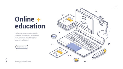 Isometric web banner template illustrates the concept of online education. It features a laptop with a virtual class, educational materials, and clean line art. Vector illustration