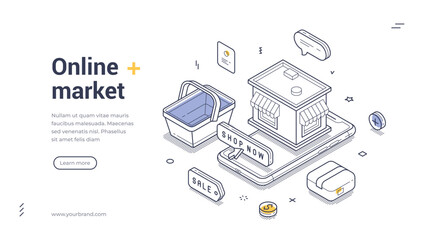 Isometric web banner template illustrates an online market featuring a shopping cart and a smartphone displaying a shop. E-commerce activities and sales. Vector illustration