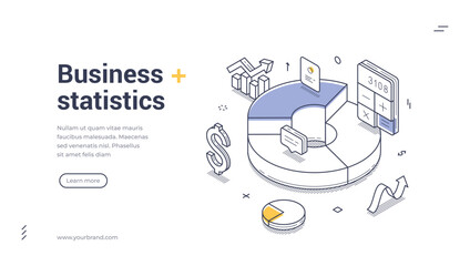 Naklejka premium Web banner features an isometric design showcasing various statistics elements, including pie charts, dollar signs, and a calculator. It serves as an engaging template for business presentations.