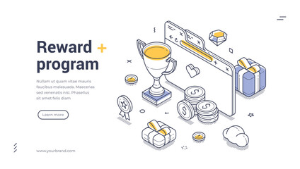 Reward program concept with icons including a trophy, coins, and gift boxes. Ideal for enhancing web design. Isometric web banner template vector illustration