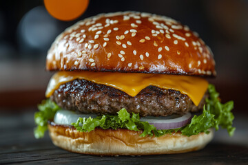 a beef burger with a golden sesame bun, a single lettuce leaf, two slices of onion, a slice of yellow cheese, and a smashed-style beef