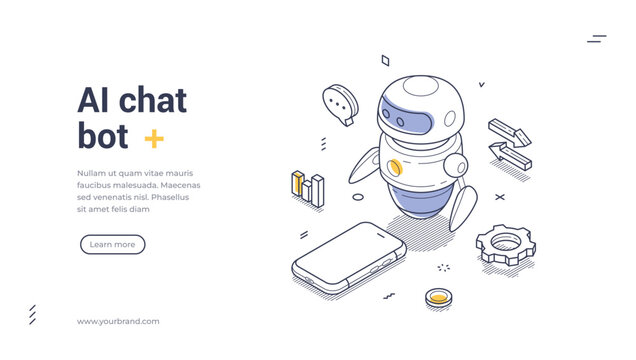 Friendly AI chat bot web banner template. Includes various elements like a smartphone and icons, suitable for digital marketing. Modern isometric vector illustration