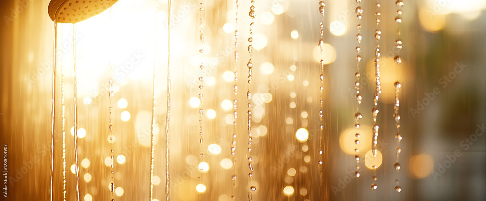 Poster Close-up of a showerhead with water droplets cascading in warm sunlight, creating a beautiful bokeh effect in the background, symbolizing refreshment, cleanliness, and relaxation.