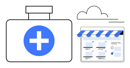 Obraz premium Medical kit with blue cross next to an online storefront with health-related items. Ideal for telemedicine, e-pharmacy, healthcare apps, digital health services, online consultations, medical