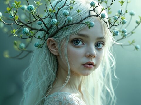 Botanical dream child with platinum hair and leafy buds crown
