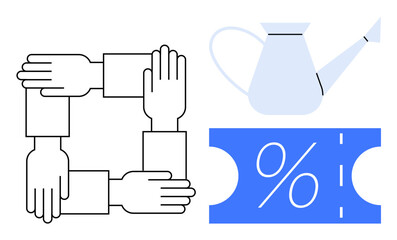 Interlocking hands symbolizing teamwork, a watering can representing growth, and a discount coupon with a percent sign. Ideal for themes of collaboration, support, nurture, savings, discounts