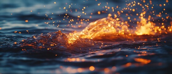 Fototapeta premium Fiery sparks dance upon ocean waves at sunset, creating an enchanting interplay of light and water, capturing a moment of ephemeral magic.
