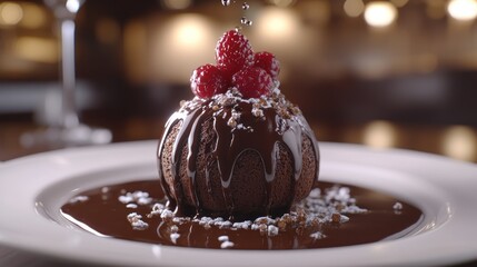 Chocolate dessert, raspberries, pouring sauce, restaurant, menu