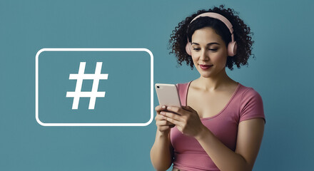 Woman using her phone with hashtag overlay