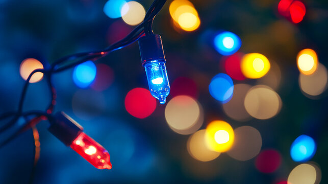 Close-up view of colorful Christmas string lights glowing in vibrant hues of red, blue, and yellow, showcasing the festive atmosphere and holiday spirit.