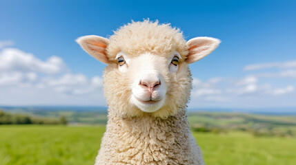 Fototapeta premium Cute lamb, farm pasture, sunny day, rural landscape, stock photo