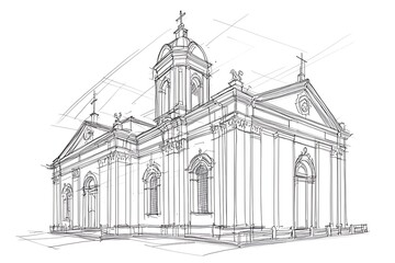 A one-line sketch a church building, blending architectural beauty with minimalistic artistry