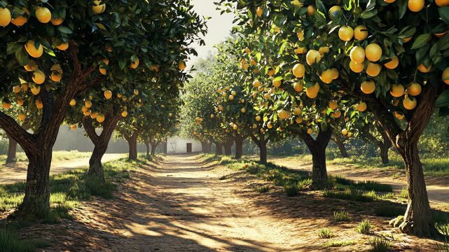 A sunny orchard with rows of orange trees full of ripe fruit, casting shadows on a dirt path