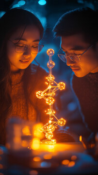 Young couple exploring molecular structures with glowing models during an evening setting