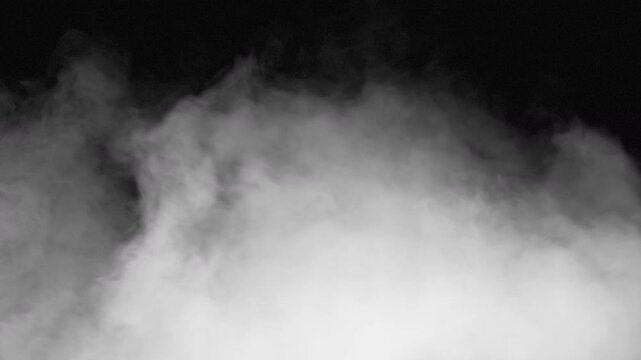 White Smoke Swirls Gracefully. White smoke slowly curls and grows frontally into the frame, filling the entire black screen
