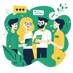 Happy customer sharing positive experience with three people in modern green infographic