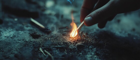 A hand ignites a match, creating a small yet fierce flame against a dark, earthy backdrop, capturing a moment of elemental transformation.