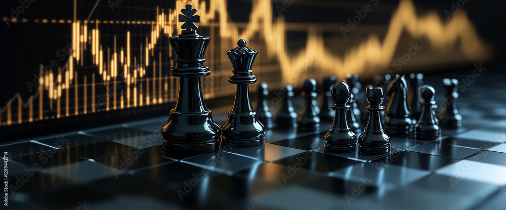 Aufkleber close-up view of a black chess set on a chessboard with a stock market graph background, symbolizing