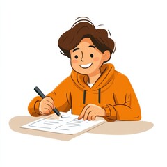 Person in cartoon style doing exam questions on white background