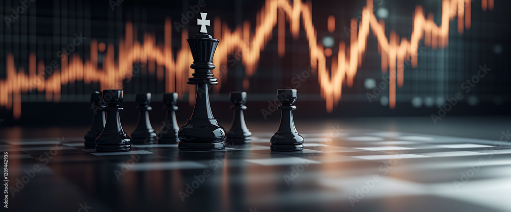 Poster close-up of black chess pieces on a chessboard with a glowing stock market chart in the background, 