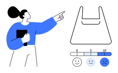 Woman points holding tablet, empty plastic bag, satisfaction scale rating 0 to 10 with happy, neutral, sad faces. Ideal for customer feedback, product analysis, quality control, environmental impact