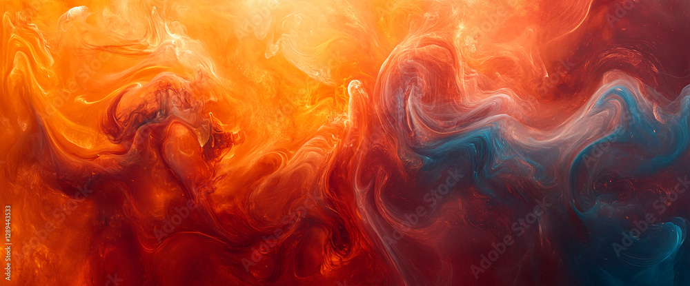 Poster abstract vibrant orange and blue swirls blending together, creating dynamic fluid movement, represen