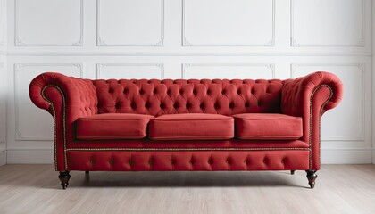 3 seater Chesterfield sofa in luxurious red velvet. Iconic design with deep tufted buttons and elegant curved armrests. Perfect for classic or contemporary living rooms looking for a touch of glamour