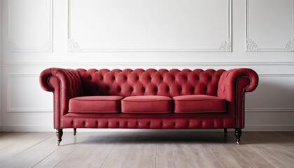 3 seater Chesterfield sofa in luxurious red velvet. Iconic design with deep tufted buttons and elegant curved armrests. Perfect for classic or contemporary living rooms looking for a touch of glamour