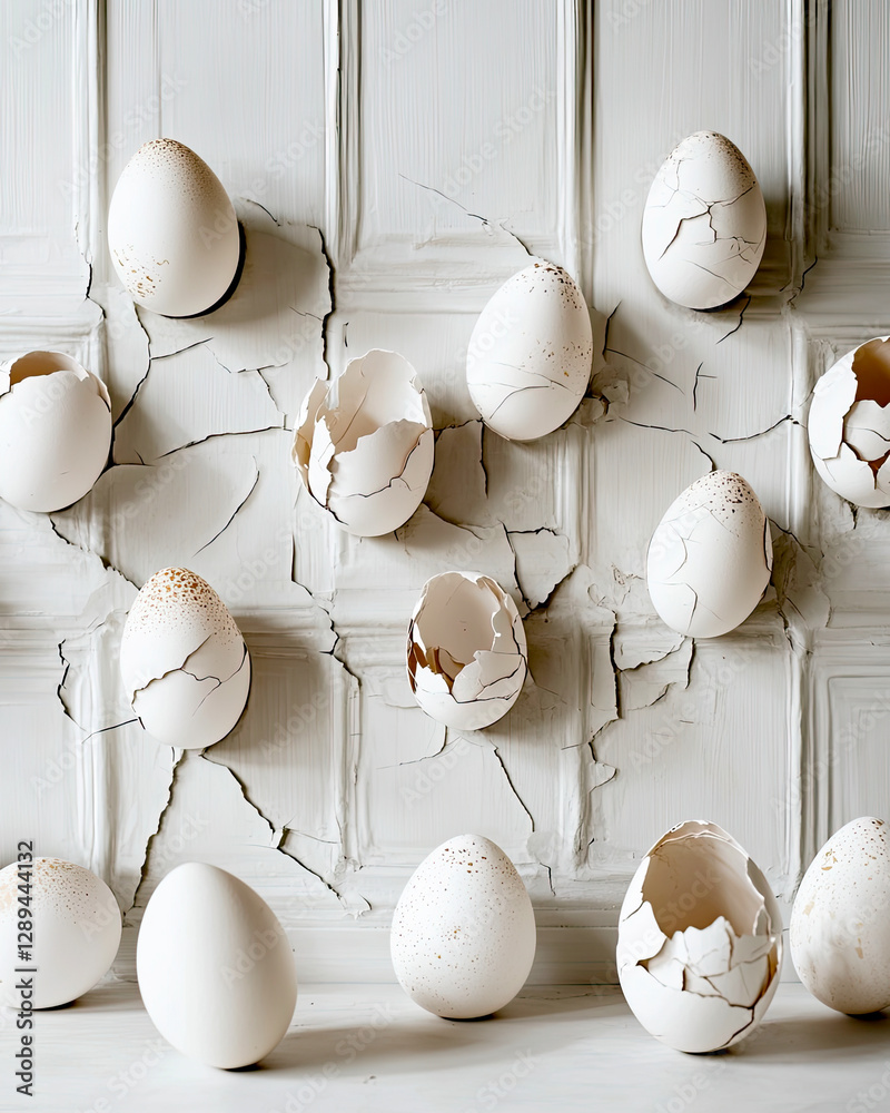Poster Artistic Arrangement of Fragile Eggshells Creating a Minimalistic Composition on a Clean Backdrop