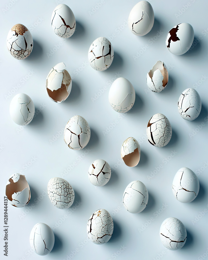 Poster artistic arrangement of broken eggshells showcasing fragility and minimalism in a creative display