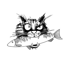 Cat with fish in its mouth. Hand drawn vector illustration