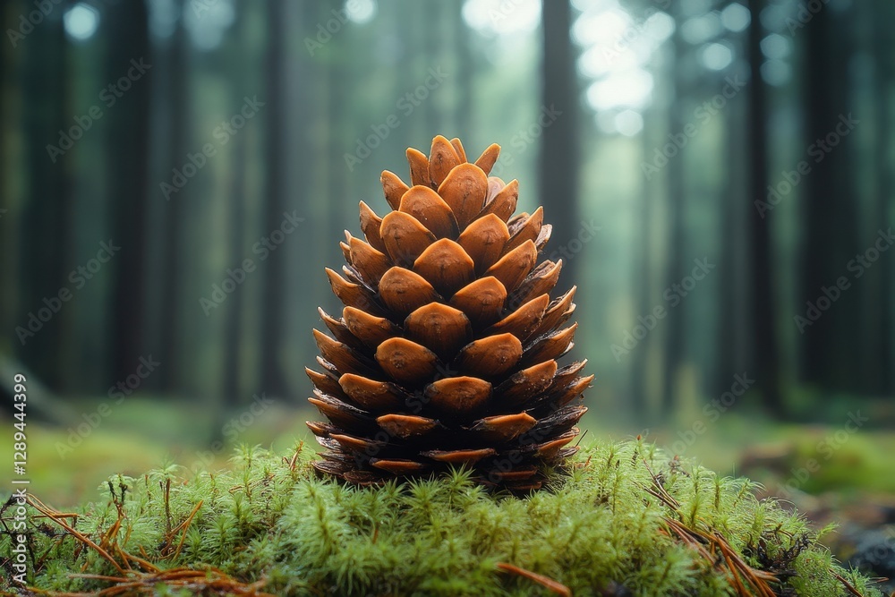 Poster pine cone resting on lush green moss in a tranquil forest setting during the early morning light