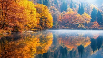 Fototapeta premium Vibrant Autumn Lake Reflection Golden and Orange Trees Mirrored in Calm Water, Misty Morning