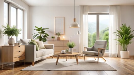 Fototapeta premium Minimalistic Modern Living Room with Light Wood Furniture and Lush Indoor Plants