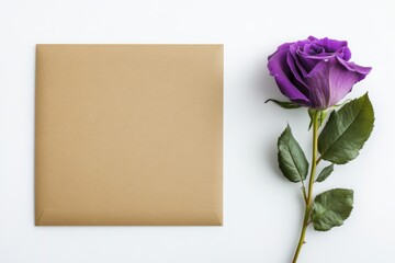 紫のバラと茶色の封筒の組み合わせが特別な機会を演出するシンプルなデザイン