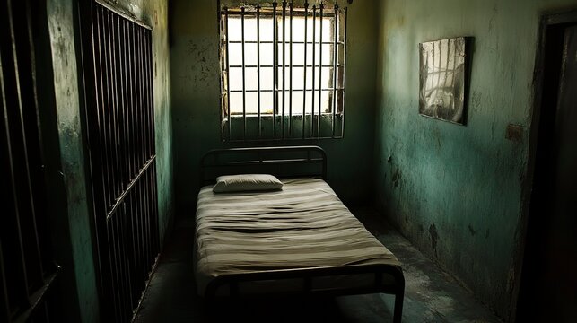 Dimly lit prison cell with a single bed and metal bars, evoking a sense of isolation and confinement
