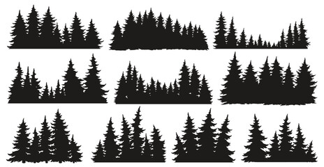 Various silhouettes of pine trees in clusters
